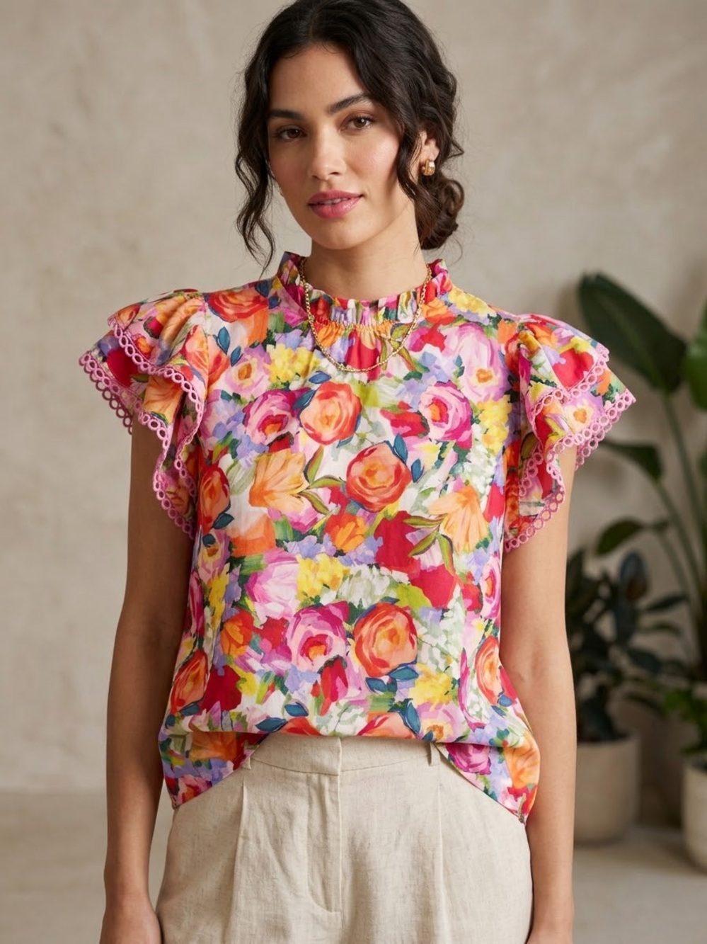 JODIFL Pink Multi Floral Ruffle Sleeve Blouse, 100 percent cotton